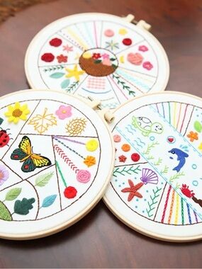 Hand Made Embroidery Hoop Kit with Floral Designs - White Fabric